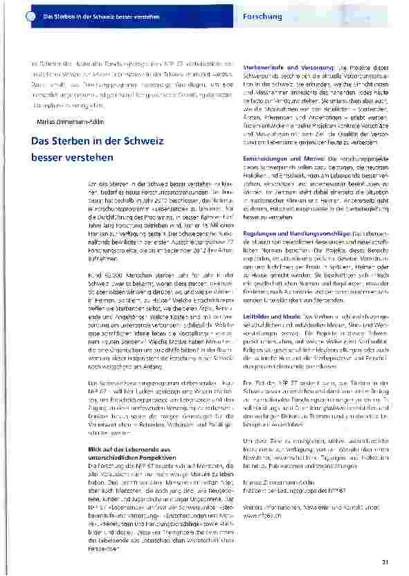 Vorschauseite 1: Das Sterben in der Schweiz besser verstehen