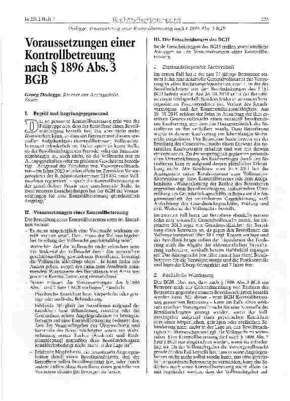 Vorschauseite 1: Voraussetzungen einer Kontrollbetreuung nach § 1896 Abs. 3 BGB