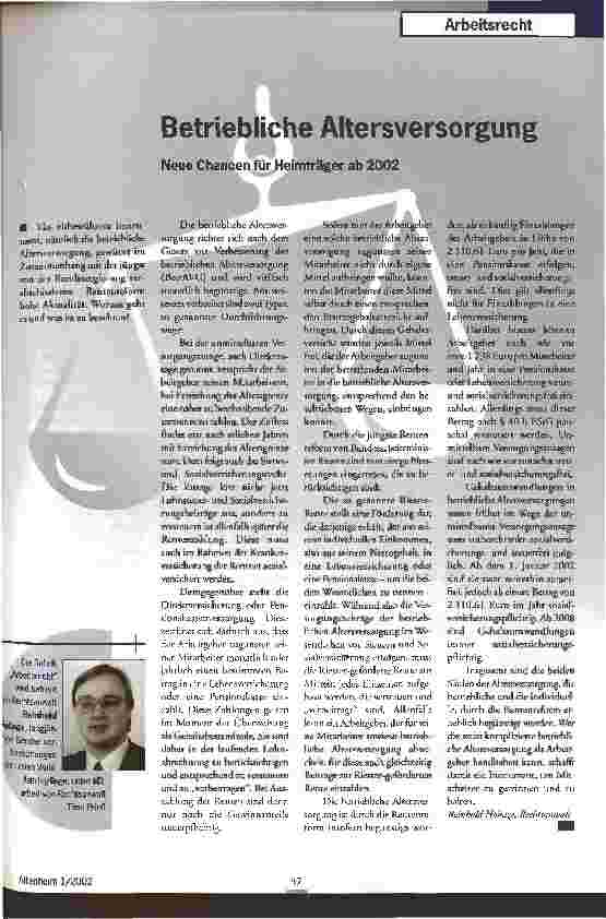 Vorschauseite 1: Betriebliche Altersversorgung Neue Chancen für Heimträger ab 2002
