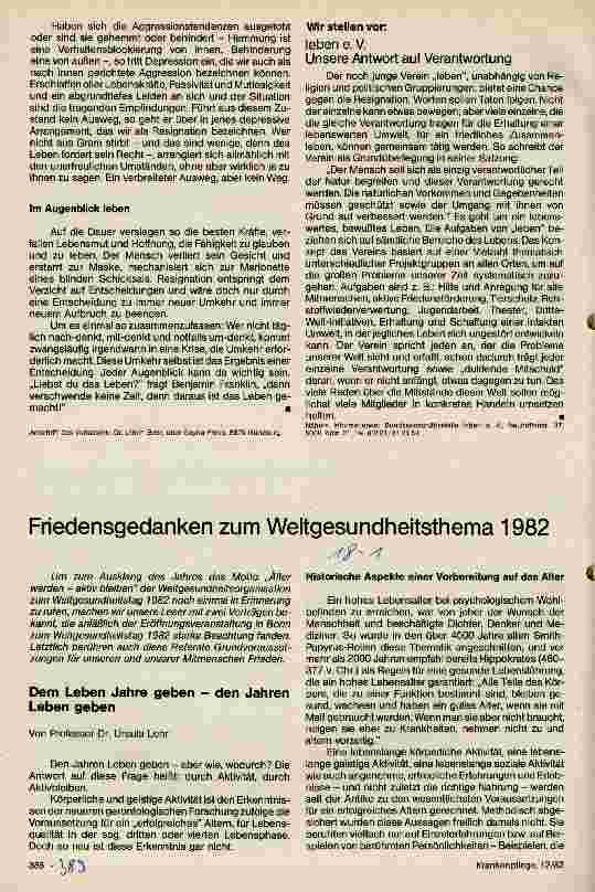 Vorschauseite 1: Friedensgedanken zum Weltgesundheitsthema 1982 Dem Leben Jahre geben - den Jahren leben geben
