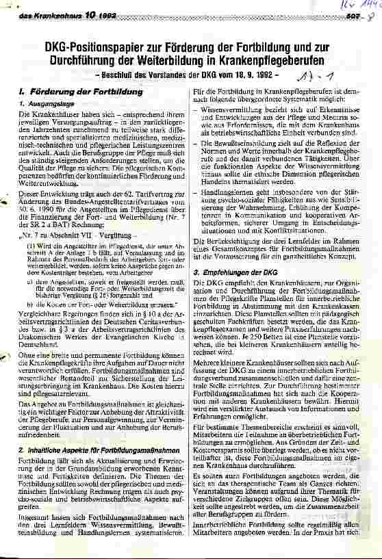 Vorschauseite 1: DKG-Positionspapier zur Förderung und zur Durchführung der Weiterbildung in Krankenpflegeberufen