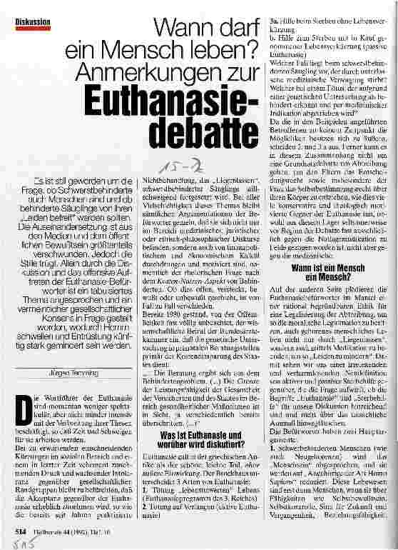 Vorschauseite 1: Wann darf ein Mensch leben? Anmerkungen zur Euthanasiedebatte