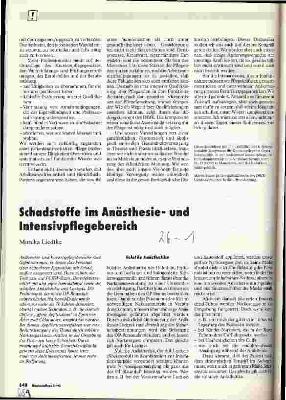 Vorschauseite 1: Schadstoffe im Anästhesieund Intensivpflegebereich