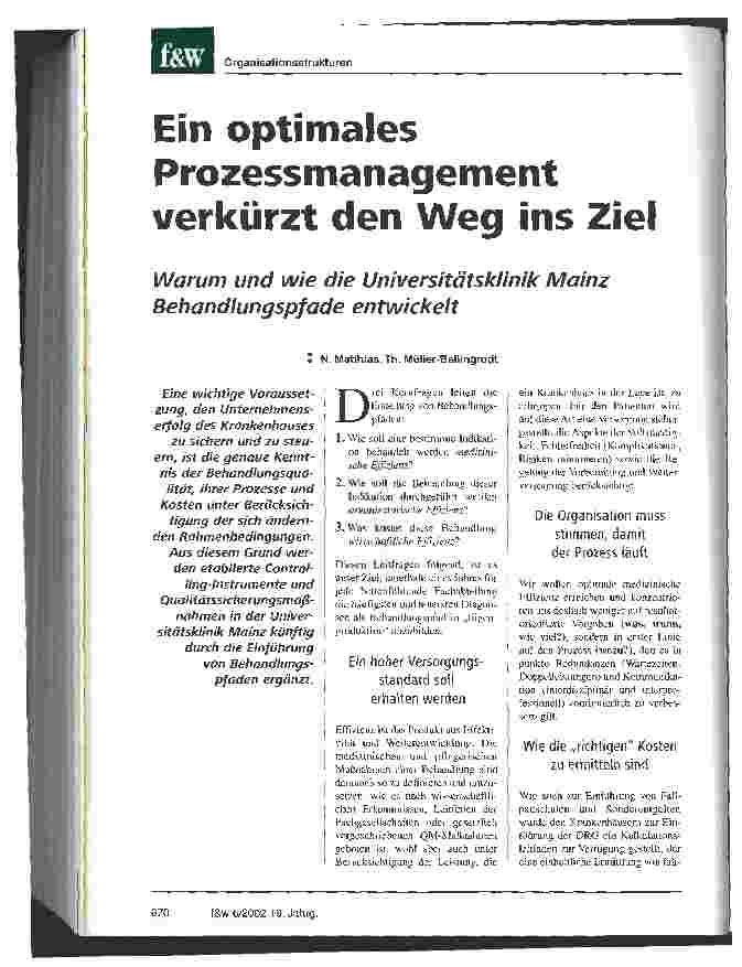 Vorschauseite 1: Ein optimales Prozessmanagement verkürzt den Weg ins Ziel Warum und wie die Universitätsklinik Mainz Behandlungspfade entwickelt
