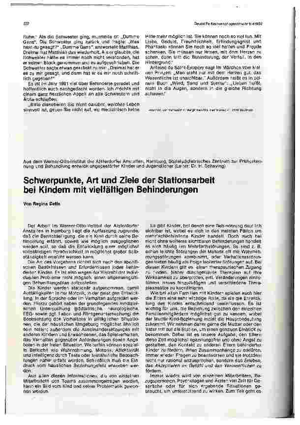 Vorschauseite 1: Schwerpunkte, Art und Ziele der Stationsarbeit bei Kindern mit vielfältigen Behinderungen