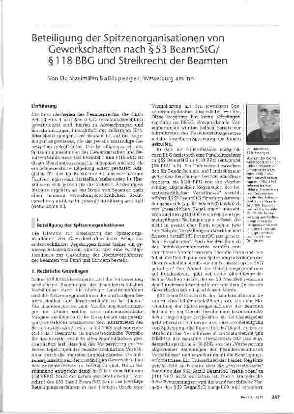 Vorschauseite 1: Beteiligung der Spitzenorganisationen von Gewerkschaften nach §53 BeamtStG/ §118 BBG und Streikrecht der Beamten