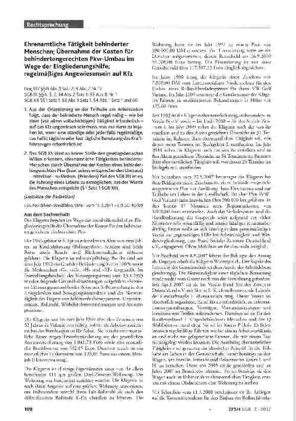 Vorschauseite 1: Ehrenamtliche Tätigkeit behinderter Menschen; Übernahme der Kosten für behindertengerechten Pkw-Umbau im Wege der Eingliederungshilfe; regelmäßiges Angewiesensein auf Kfz EingLHV§…