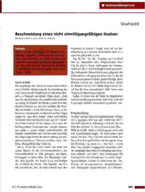 Vorschauseite 1: Beschneidung eines nicht einwilligungsfähigen Knaben