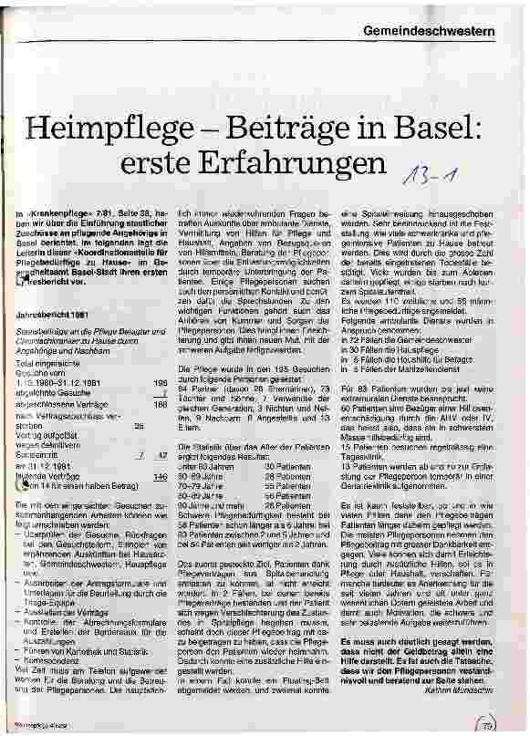 Vorschauseite 1: Heimpflege - Beiträge in Basel: erste Erfahrungen