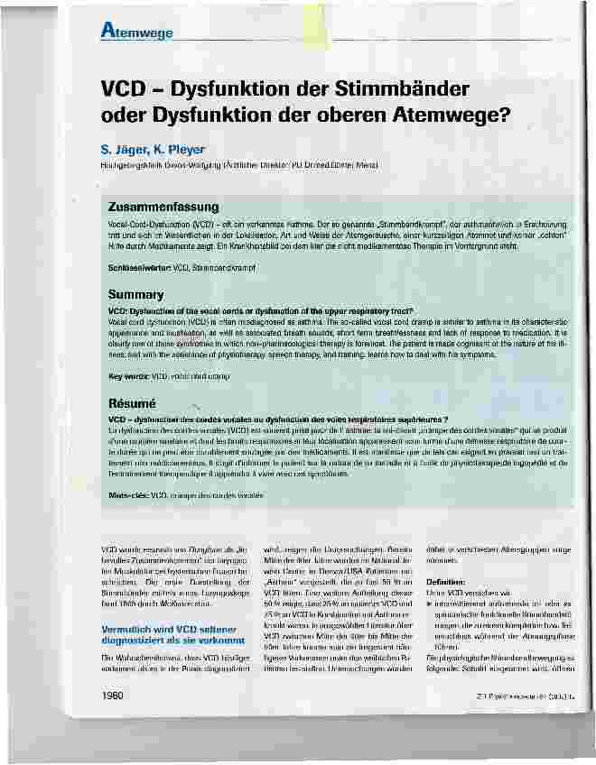 Vorschauseite 1: VCD - Dysfunktion der Stimmbänder oder Dysfunktion der oberen Atemwege?