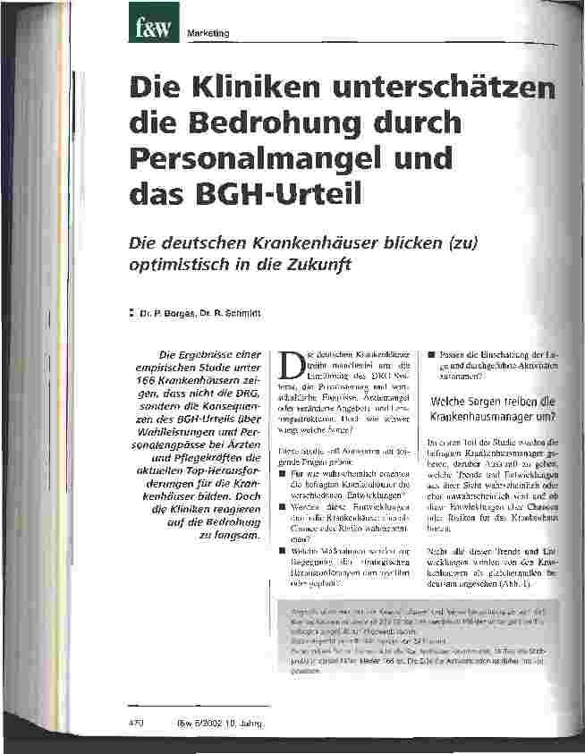 Vorschauseite 1: Die Kliniken unterschätzen die Bedrohung durch Personalmangel und das BGH-Urteil Die deutschen Krankenhäuser blicken (zu) optimistisch in die Zukunft