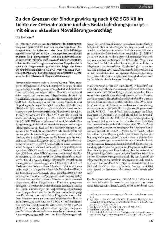 Vorschauseite 1: Zu den Grenzen der Bindungswirkung nach §62 SGB XII im Lichte der Offizialmaxime und des Bedarfsdeckungsprinzips mit einem aktuellen Novellierungsvorschlag