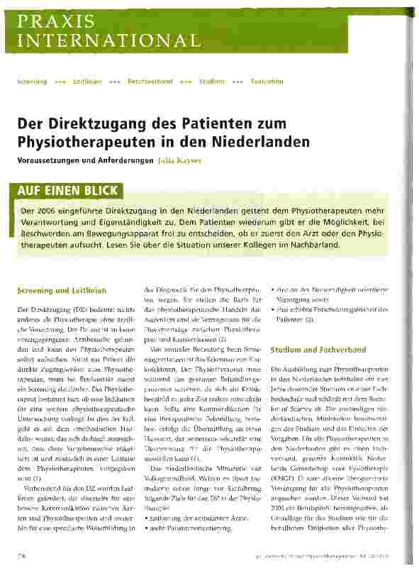 Vorschauseite 1: Der Direktzugang des Patienten zum Physiotherapeuten in den Niederlanden
