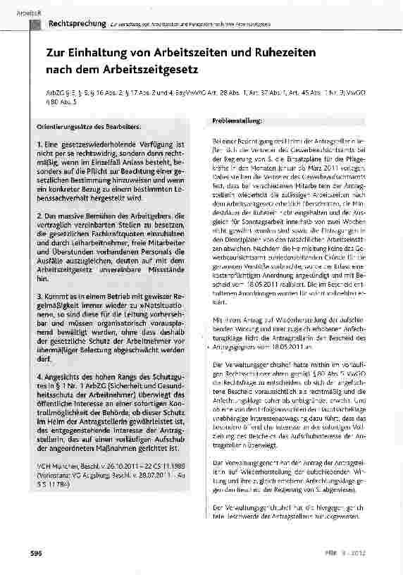 Vorschauseite 1: Zur Einhaltung von Arbeitszeiten und Ruhezeiten nach dem ArbeitszeitgesetzArbZG§ 3, § 5, § 16 Abs. 2, § 17 Abs. 2 und 4; BayVwVfG Art. 28 Abs. 1, Art. 37 Abs. 1, Art. 45 Abs. 1 Nr…