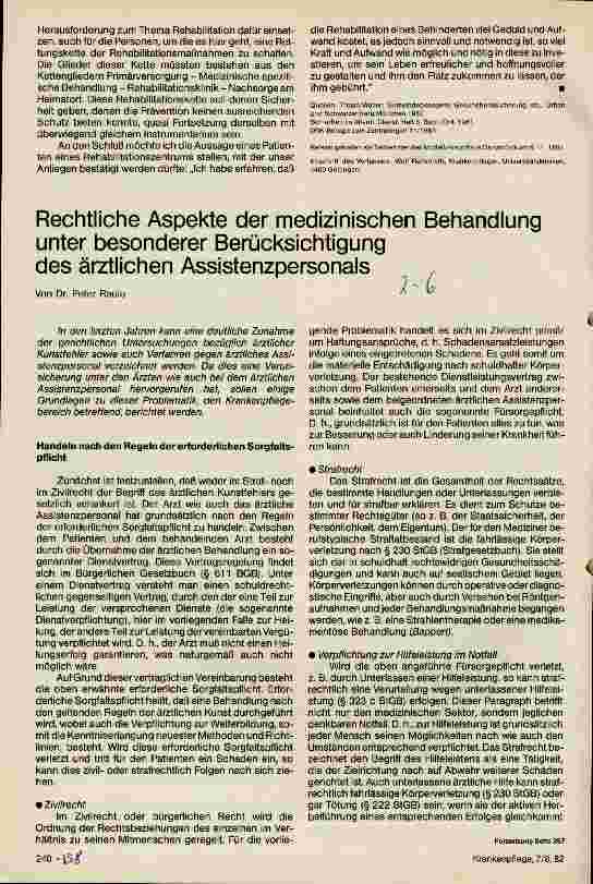 Vorschauseite 1: Rechtliche Aspekte der medizinischen Behandlung unter besonderer Berücksichtigung des ärztlichen Assistenzpersonals