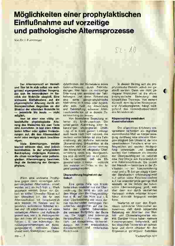 Vorschauseite 1: Möglichkeiten einer prophylaktischen Einflußnahme auf vorzeitige und pathologische Alternsprozesse