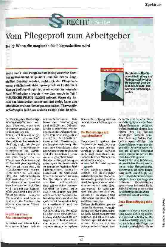Vorschauseite 1: Vom Pflegeprofi zum Arbeitgeber Teil 2: Wenn die magische Fünf überschritten wird