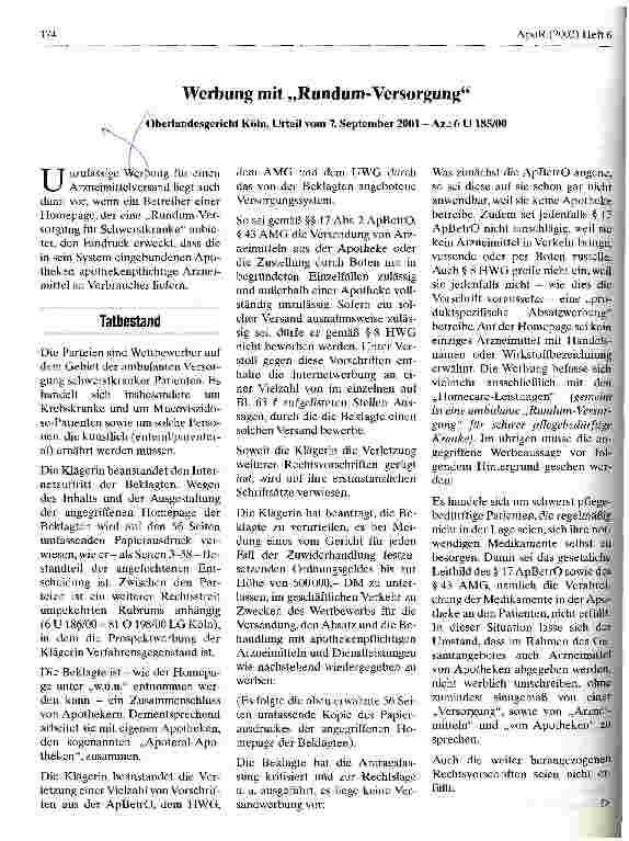 Vorschauseite 1: Werbung mit Rundum-Versorgung Oberlandesgericht Köln, Urteil vom 7. September 2001
