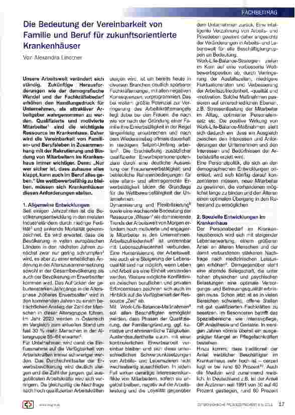Vorschauseite 1: Die Bedeutung der Vereinbarkeit von Familie und Beruf für zukunftsorientierte Krankenhäuser