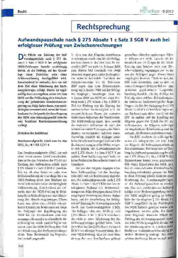Vorschauseite 1: Aufwandspauschale nach § 275 Absatz 1 c Satz 3 SGB V auch bei erfolgloser Prüfung von Zwischenrechnungen