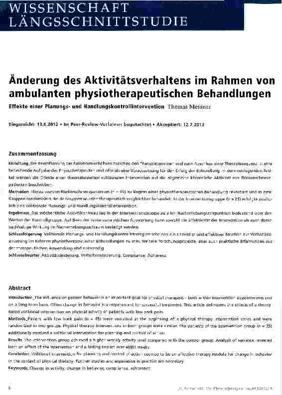Vorschauseite 1: Änderung des Aktivitätsverhaltens im Rahmen von ambulanten physiotherapeutischen Behandlungen