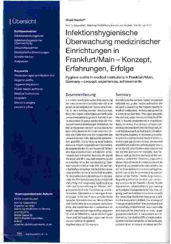 Vorschauseite 1: Infektionshygienische Überwachung medizinischer Einrichtungen in Frankfurt/Main - Konzept, Erfahrungen, Erfolge