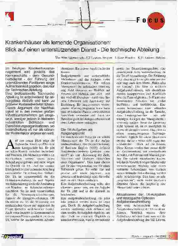 Vorschauseite 1: Krankenhäuser als lernende Organisationen: Blick auf einen unterstützenden Dienst - Die technische Abteilung