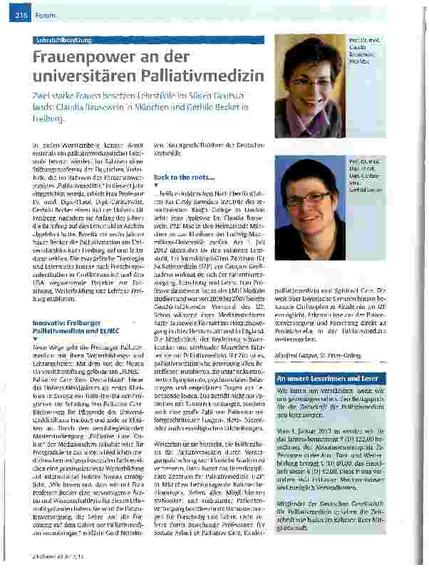 Vorschauseite 1: Frauenpower an der universitären Palliativmedizin