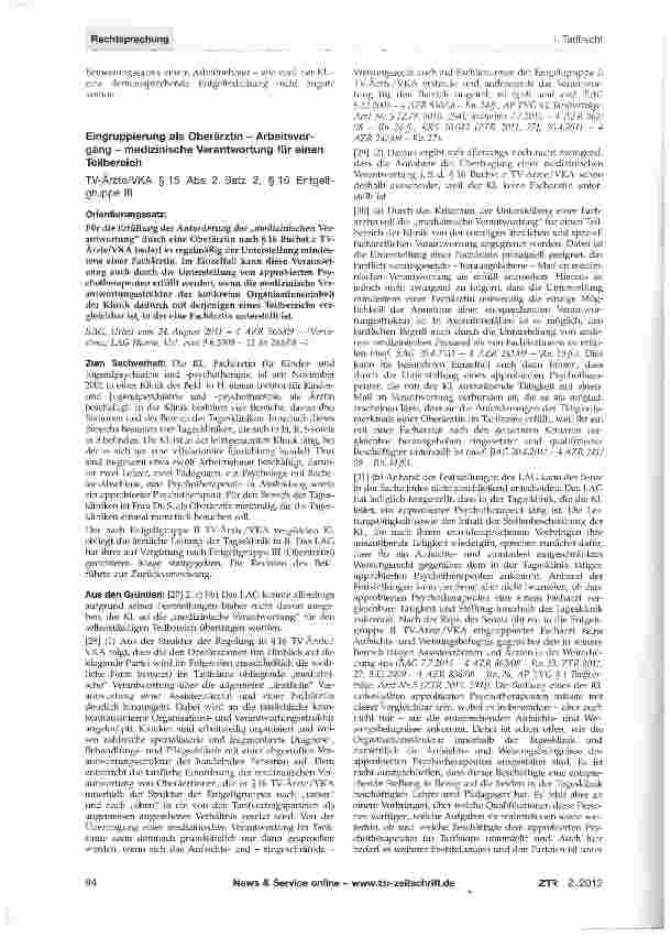 Vorschauseite 1: Eingruppierung als Oberärztin - Arbeitsvorgang - medizinische Verantwortung für einen Teilbereich TV-Ärzte/VKA §15 Abs. 2 Satz 2, § 16 Entgeltgruppe III