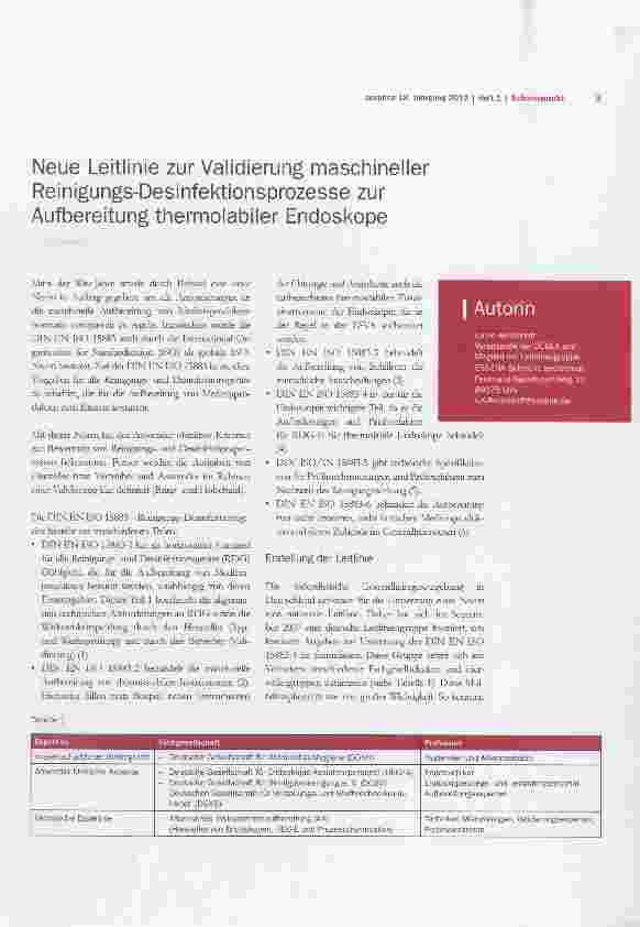 Vorschauseite 1: Neue Leitlinie zur Validierung maschineller Reinigungs-Desinfektionsprozesse zur Aufbereitung thermolabiler Endoskope