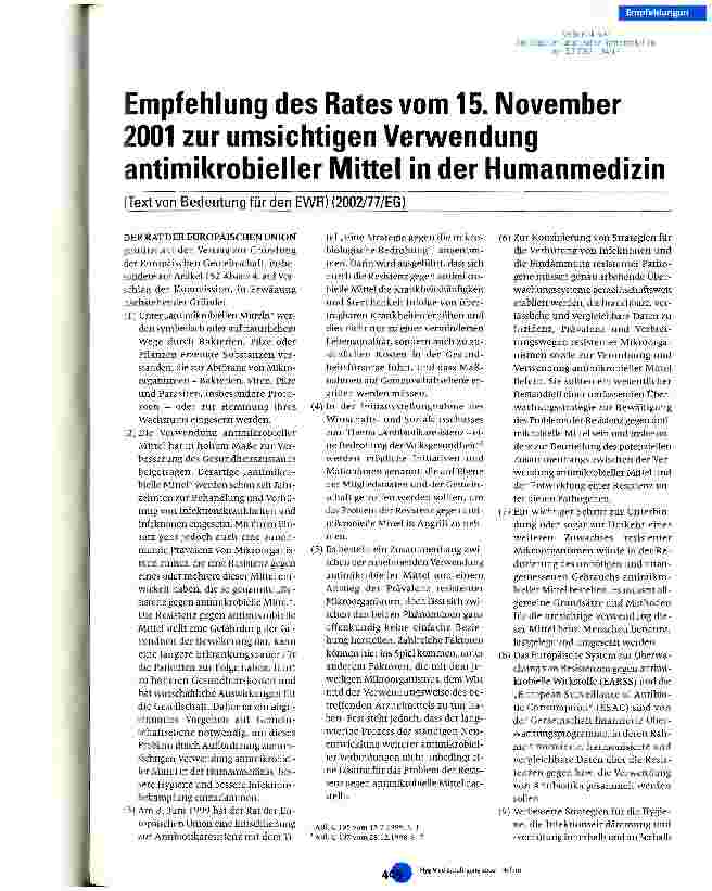 Vorschauseite 1: Empfehlung des Rates von 15. November 2001 zur umsichtigen Verwendung antimikrobieller Mittel in der Humanmedizin Text von Bedeutung für den EWR (2002/77/EG)