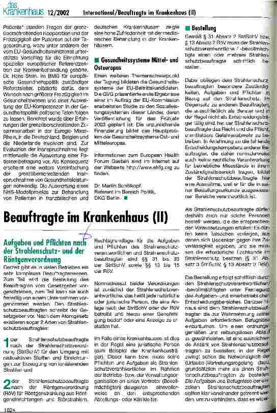Vorschauseite 1: Beauftragte im Krankenhaus (II) Aufgaben und Pflichten nach der Strahlenschutzund der Röntgenverordnung