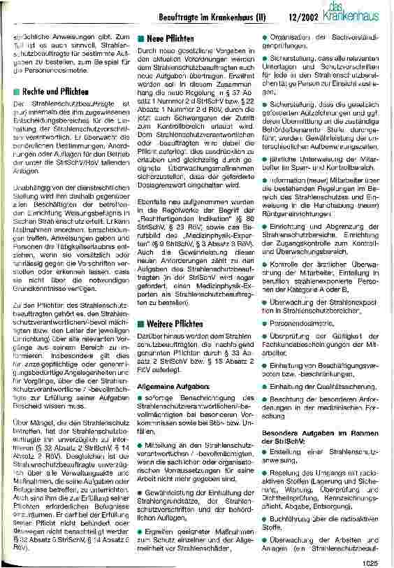 Vorschauseite 2: Beauftragte im Krankenhaus (II) Aufgaben und Pflichten nach der Strahlenschutzund der Röntgenverordnung