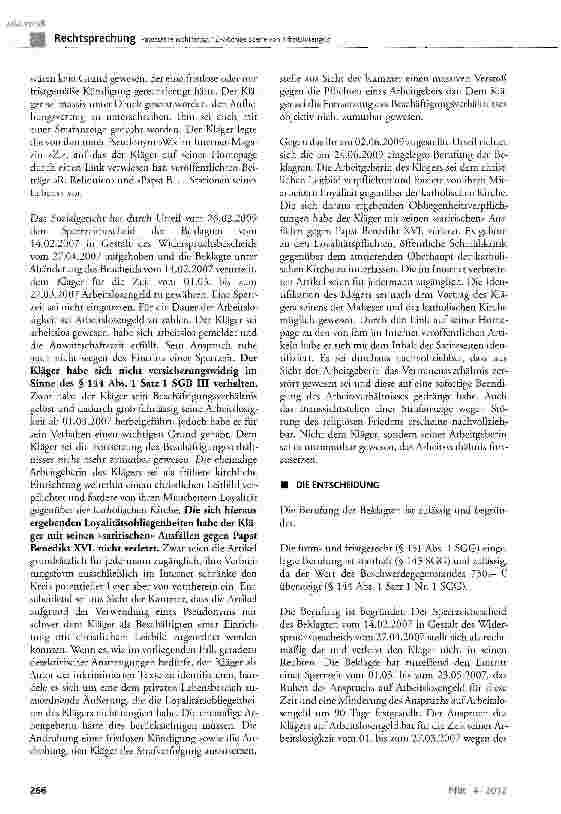 Vorschauseite 3: Papstsatire rechtfertigt 12-wöchige Sperre von ArbeitslosengeldSGBIII §128 Abs. 1 Nr. 4, §144 Abs. 1 Satz 1 und 2 Nr. 1, Abs. 3 Satz 1; BGB §626 Abs. 1