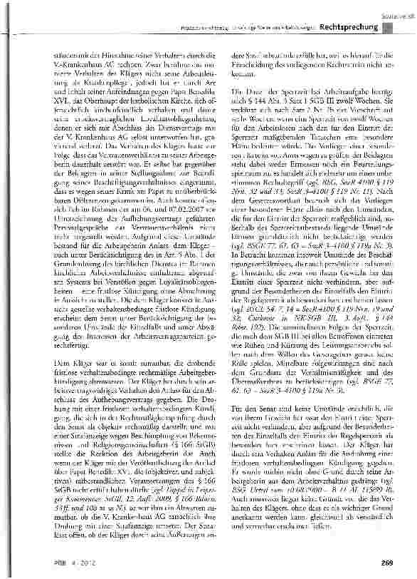 Vorschauseite 6: Papstsatire rechtfertigt 12-wöchige Sperre von ArbeitslosengeldSGBIII §128 Abs. 1 Nr. 4, §144 Abs. 1 Satz 1 und 2 Nr. 1, Abs. 3 Satz 1; BGB §626 Abs. 1