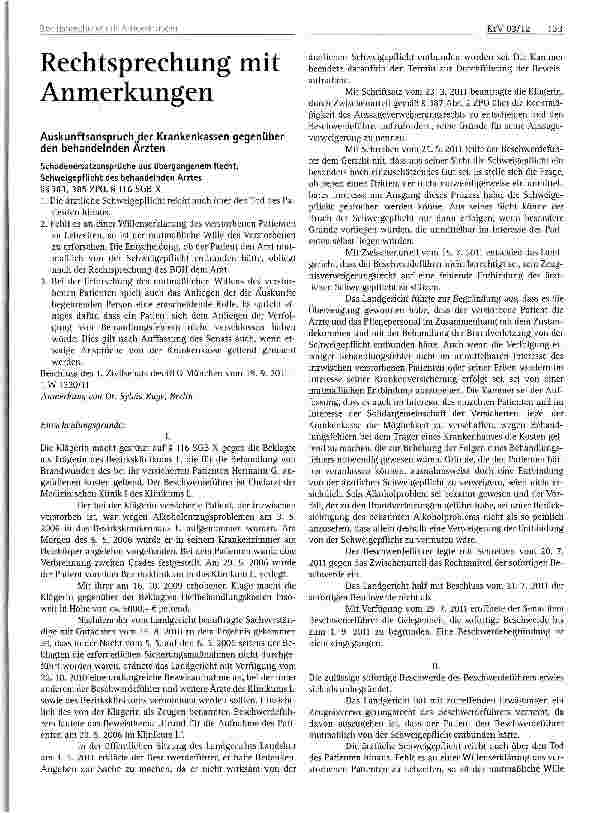 Vorschauseite 1: Auskunftsanspruch.der Krankenkassen gegenüber den behandelnden Ärzten Schadenersatzansprüche aus übergangenem Recht, Schweigepflicht des behandelnden Arztes