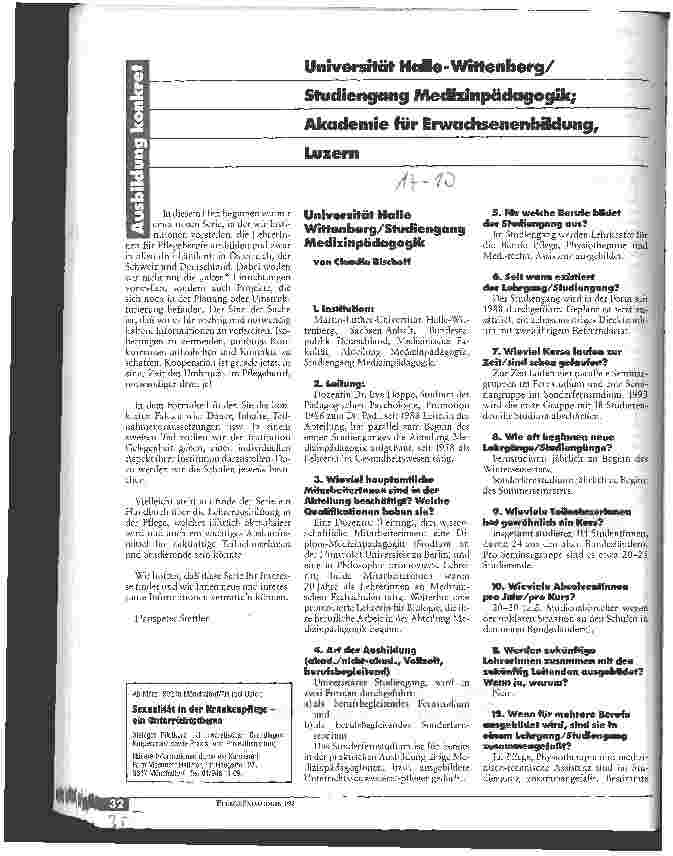Vorschauseite 1: Universität Halle-Wittenberg/ Studiengang Medizinpädagogik; Akademie für Erwachsenenbildung, Luzern