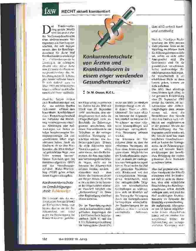 Vorschauseite 1: Konkurrentenschutz von Ärzten und Krankenhäusern in einem enger werdenden Gesundheitsmarkt?