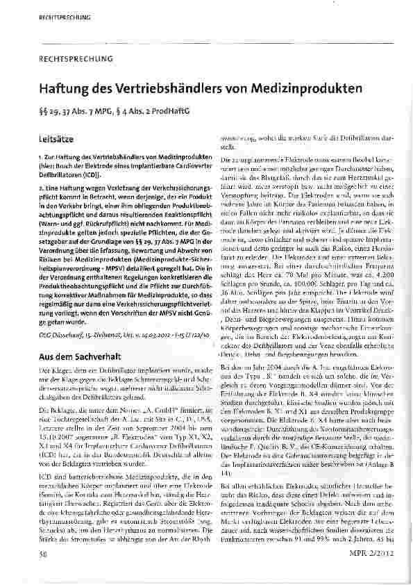 Vorschauseite 1: Haftung des Vertriebshändlers von Medizinprodukten