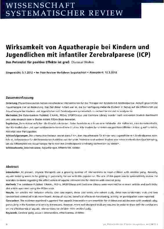 Vorschauseite 1: Wirksamkeit von Aquatherapie bei Kindern und Jugendlichen mit infantiler Zerebralparese (ICP)