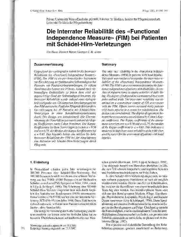 Vorschauseite 1: Die Interrater Reliabilität des Functional Independence Measure (FIM) bei Patienten mit Schädel-Hirn-Verletzungen