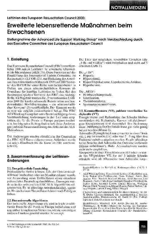 Vorschauseite 1: Erweiterte lebensrettende Maßnahmen beim Erwachsenen Leitlinien des European Resuscitation Council 2000