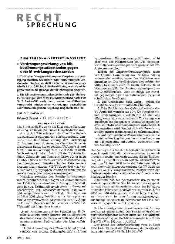 Vorschauseite 1: Verdrängungswirkung von Mitbestimmungstatbeständen gegenüber Mitwirkungstatbeständen