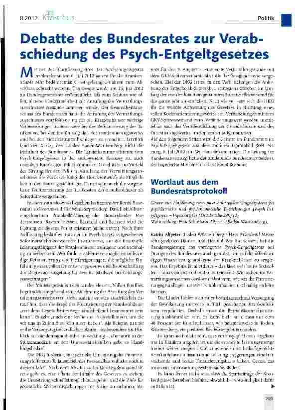 Vorschauseite 1: Debatte des Bundesrates zur Verabschiedung des Psych-Entgeltgesetzes