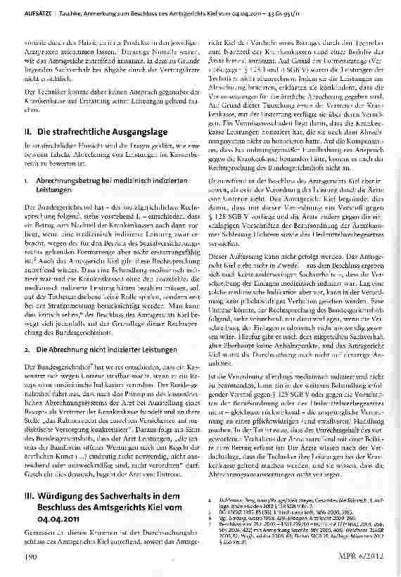 Vorschauseite 2: Untreue bei der Verschreibung von Hilfsmitteln Zugleich Anmerkung zum Beschluss des Amtsgerichts Kiel vom 04.04.2011 -43 Gs 95V11