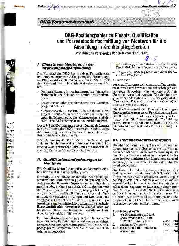 Vorschauseite 1: DKG-Positionspapier zu Einsatz, Qualifikation und Personalbedarfsermittlung von Mentoren für die Ausbildung in Krankenpflegeberufen