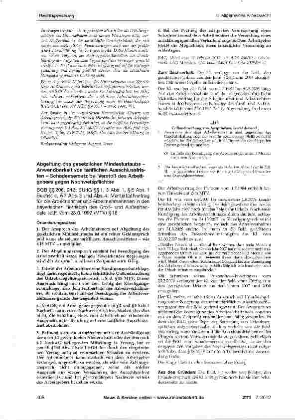 Vorschauseite 1: Abgeltung des gesetzlichen Mindesturlaubs -Anwendbarkeit von tariflichen Ausschlussfristen - Schadensersatz bei Verstoß des Arbeitgebers gegen Nachweispflichten