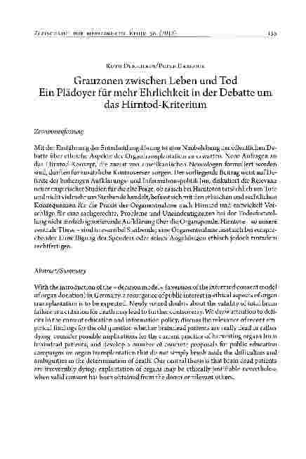 Vorschauseite 1: Grauzonen zwischen Leben und Tod Ein Plädoyer für mehr Ehrlichkeit in der Debatte umdas Hirntod-Kriterium