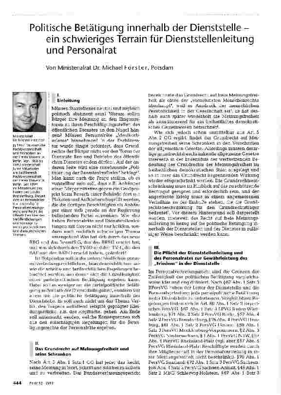 Vorschauseite 1: Politische Betätigung innerhalb der Dienststelle-ein schwieriges Terrain für Dienststellenleitung und Personalrat