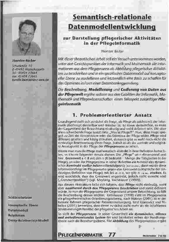 Vorschauseite 1: Semantisch-relationale Datenmodellentwicklung Zur Darstellung pflegerischer Aktivitäten in der Pflegeinformatik
